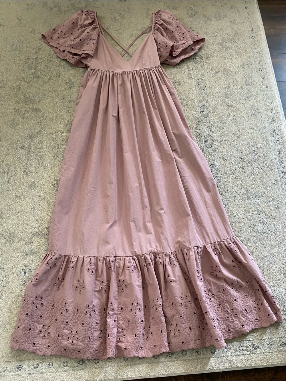 En Saison Barnette Maxi Dress Dusty Rose Mauve Cotton Eyelet Open Back Pockets - Picture 4 of 16